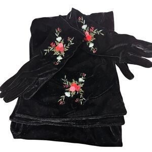 Embroidered Black Scarf and Glove Set